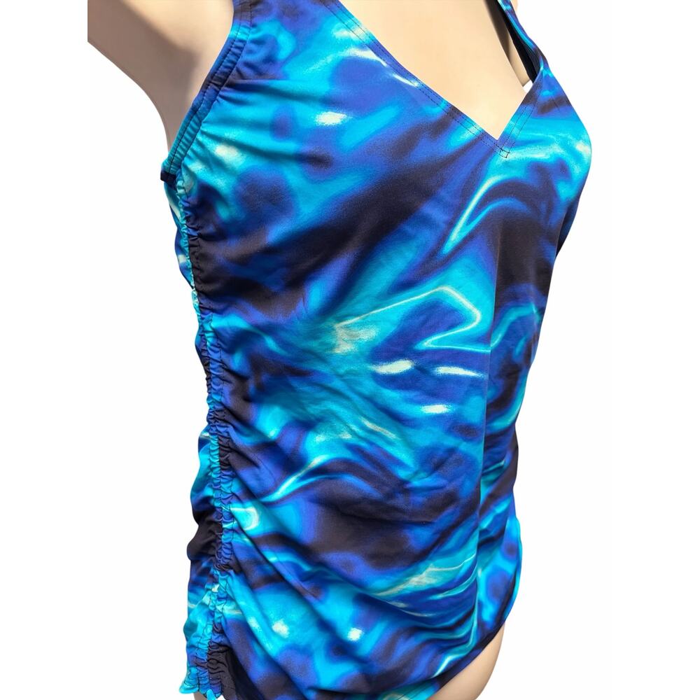 Lands’ End Blue Abstract Tankini Top Size 6 Ruched Swim Top - Picture 3 of 7